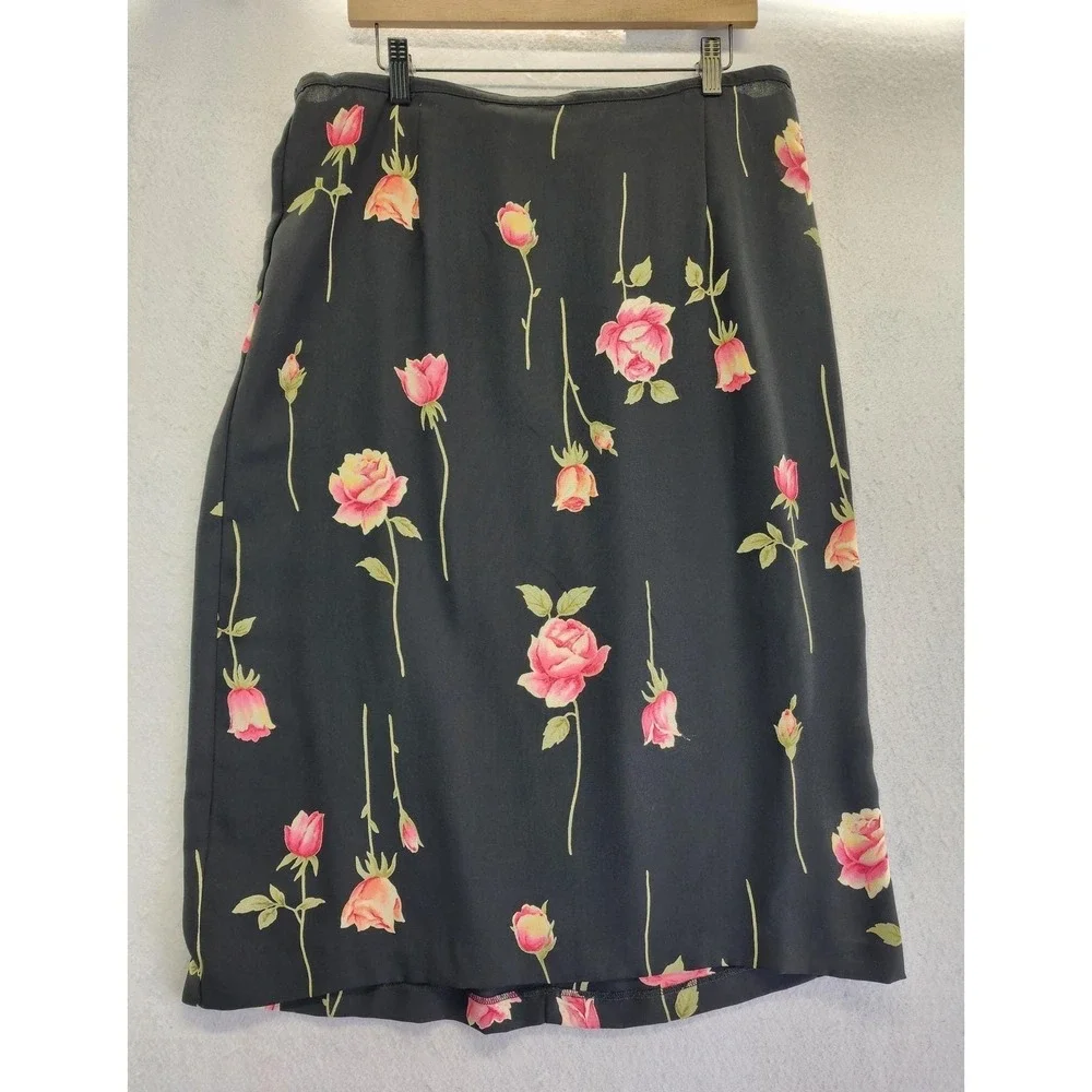 Alfred Dunner Vintage Floral Embroidered Cardigan Skirt Set Black Pink Rose L/18